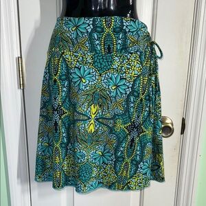 Tulah Teal/Lime Floral Patterned Ruched Waist Knee Length Skirt Size Large